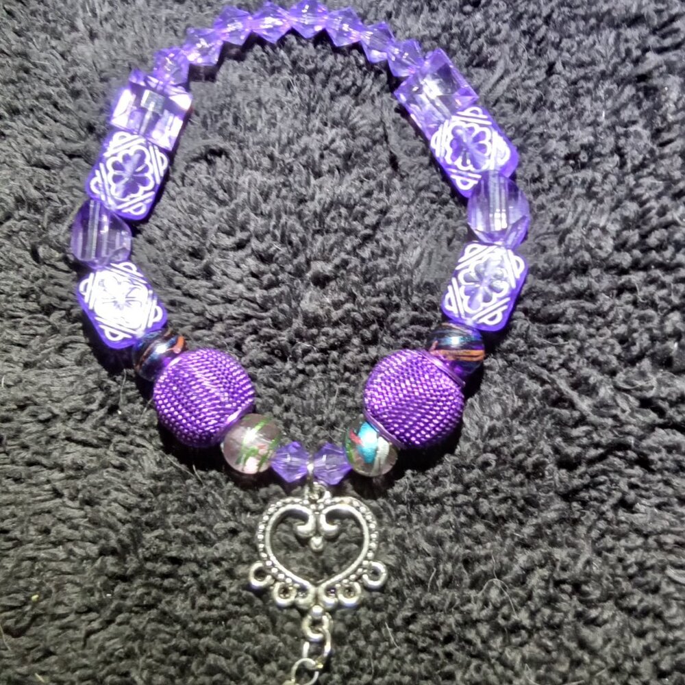 Hand Crafted Purple Beaded Bracelet with Silver Heart